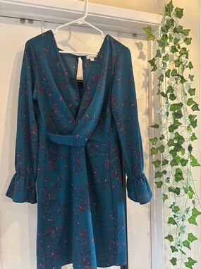 Teal Floral V-Neck Long Sleeve Dress